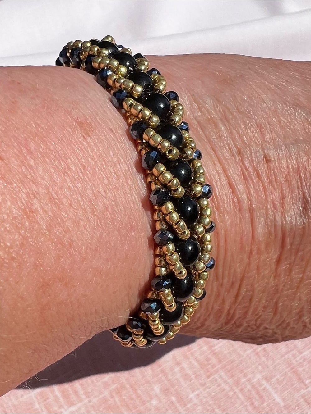 Gold and Black Beaded Braided Bracelet for Women